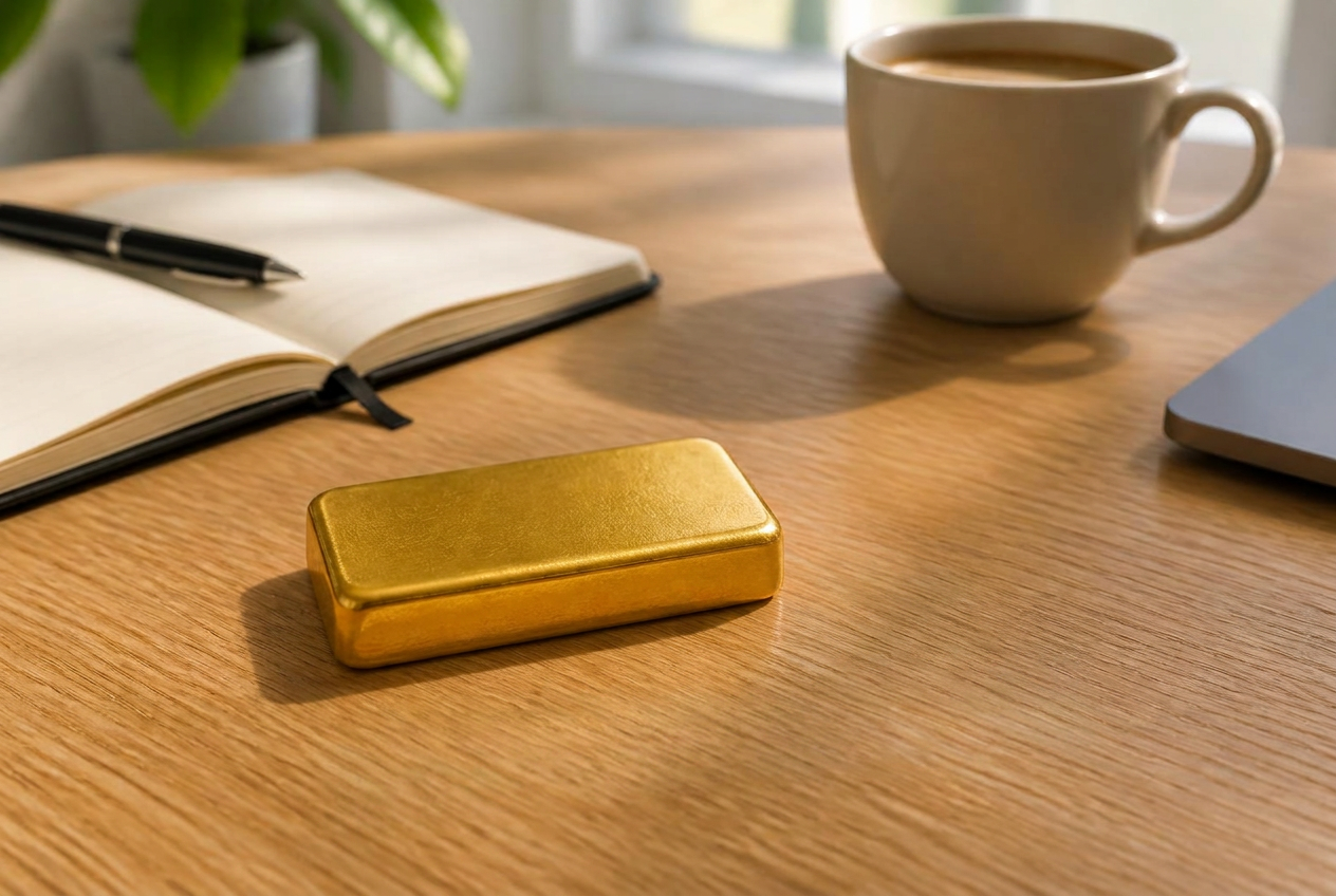 Ein Feingoldbarren auf einem privaten Holzschreibtisch mit Notizbuch, Stift und Kaffeetasse
